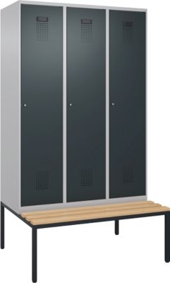 Vestiaire C+P Evolo Plus, 3 compartiments, largeur des compartiments 400 mm, avec banc encastré, L 1200 x P 815 x H 2120 mm, cylindre, aluminium blanc/gris anthracite
