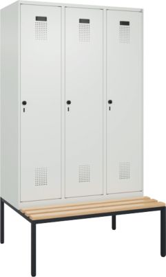 Vestiaire C+P Evolo Plus, 3 compartiments, largeur des compartiments 400 mm, avec banc encastré, L 1200 x P 815 x H 2120 mm, verrou rotatif, gris clair/gris clair
