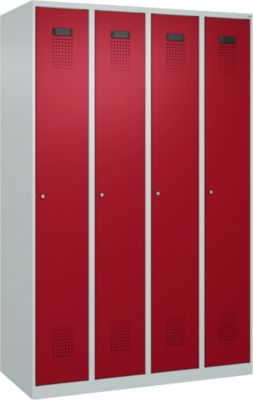 Vestiaire C+P Evolo Plus, 4 compartiments, charnières à droite, serrure à cylindre, butée soft, L 1200 x P 500 x H 1850 mm, gris clair/rouge rubis