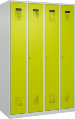 Vestiaire C+P Evolo Plus, 4 compartiments, charnières à droite, serrure à cylindre, butée soft, L 1200 x P 500 x H 1850 mm, gris clair/vert clown