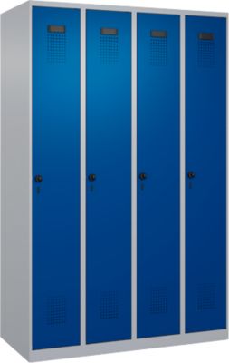 Vestiaire C+P Evolo Plus, 4 compartiments, charnières à droite, verrou rotatif de sécurité, L 1200 x P 500 x H 1850 mm, aluminium blanc/bleu gentiane