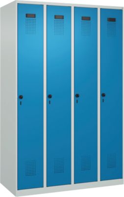 Vestiaire C+P Evolo Plus, 4 compartiments, charnières à droite, verrou rotatif de sécurité, L 1200 x P 500 x H 1850 mm, gris clair/bleu clair
