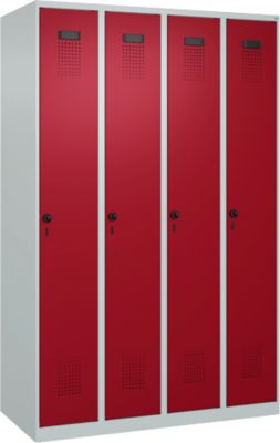 Vestiaire C+P Evolo Plus, 4 compartiments, charnières à droite, verrou rotatif de sécurité, L 1200 x P 500 x H 1850 mm, gris clair/rouge rubis