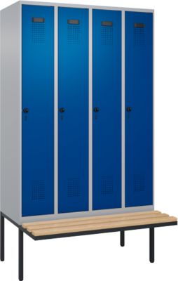 Vestiaire C+P Evolo Plus, 4 compartiments de 300 mm de large, banquette flottante, L 1200 x P 815 x H 2120 mm, verrou tournant, aluminium blanc/bleu gentiane