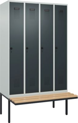 Vestiaire C+P Evolo Plus, 4 compartiments de 300 mm de large, banquette flottante, L 1200 x P 815 x H 2120 mm, verrou tournant, gris clair/anthracite