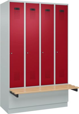 Vestiaire C+P Evolo Plus, 4 compartiments de 300 mm de large, socle, banquette flottante, L 1200 x P 815 x H 1950 mm, cylindre, gris clair/rouge rubis