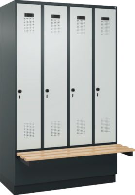 Vestiaire C+P Evolo Plus, 4 compartiments de 300 mm de large, socle, banquette flottante, L 1200 x P 815 x H 1950 mm, loquet rotatif, gris anthracite/gris clair