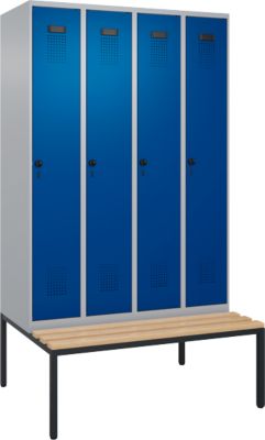 Vestiaire C+P Evolo Plus, 4 compartiments, largeur des compartiments 300 mm, avec banc encastré, L 1200 x P 815 x H 2120 mm, loquet rotatif, blanc aluminium/bleu gentiane
