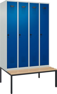 Vestiaire C+P Evolo Plus, 4 compartiments, largeur des compartiments 300 mm, avec banc encastré, L 1200 x P 815 x H 2120 mm, verrou rotatif, gris clair/bleu gentiane