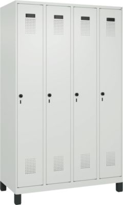 Vestiaire C+P Evolo Plus, 4 compartiments, largeur des compartiments 300 mm, avec pieds, butée à droite, verrou rotatif de sécurité, butée Soft, anti-effraction, L 1200 x P 500 x H 1950 mm, gris clair RAL 7035/gris clair RAL 7035