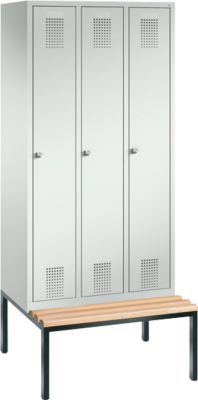 Vestiaire Evolo S 3000, acier, avec banc intégré, 3 compartiments, l. 300 mm chacun, serrure à cylindre, gris clair RAL 7035/gris clair RAL 7035