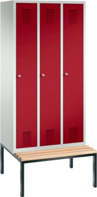 Vestiaire Evolo S 3000, acier, avec banc intégré, 3 compartiments, l. 300 mm chacun, serrure à cylindre, gris clair RAL 7035/rouge rubis RAL 3003