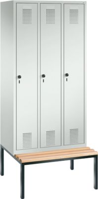 Vestiaire Evolo S 3000, acier, avec banc intégré, 3 compartiments, l. 300 mm chacun, serrure de sécurité à came batteuse, gris clair RAL 7035/gris clair RAL 7035