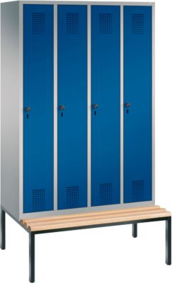 Vestiaire Evolo S 3000, acier, avec banc intégré, 4 compartiments, l. 300 mm chacun, serrure de sécurité à came batteuse, alu blanc RAL 9006/bleu gentiane RAL 5010