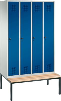 Vestiaire Evolo S 3000, acier, avec banc intégré, 4 compartiments, l. 300 mm chacun, serrure de sécurité à came batteuse, gris clair RAL 7035/bleu gentiane RAL 5010