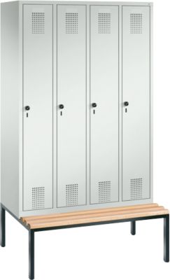 Vestiaire Evolo S 3000, acier, avec banc intégré, 4 compartiments, l. 300 mm chacun, serrure de sécurité à came batteuse, gris clair RAL 7035/gris clair RAL 7035