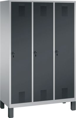 Vestiaire Evolo S 3000, acier, sur pieds, 3 compartiments, serrure de sécurité à came batteuse, alu blanc RAL 9006/anthracite RAL 7016