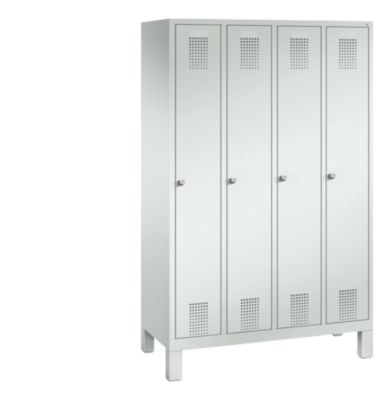 Vestiaire Evolo S 3000, acier, sur pieds, 4 compartiments, l. 300 mm chacun, serrure à cylindre, gris clair RAL 7035/gris clair RAL 7035