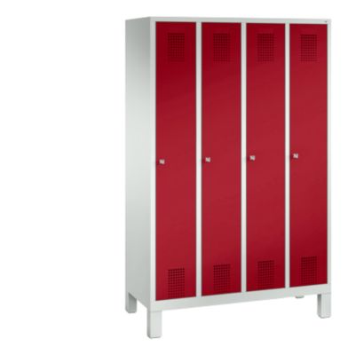 Vestiaire Evolo S 3000, acier, sur pieds, 4 compartiments, l. 300 mm chacun, serrure à cylindre, gris clair RAL 7035/rouge rubis RAL 3003