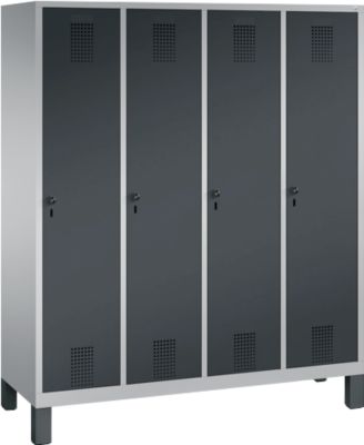 Vestiaire Evolo S 3000, acier, sur pieds, 4 compartiments, l. 400 mm chacun, came batteuse, alu blanc RAL 9006/anthracite RAL 7016