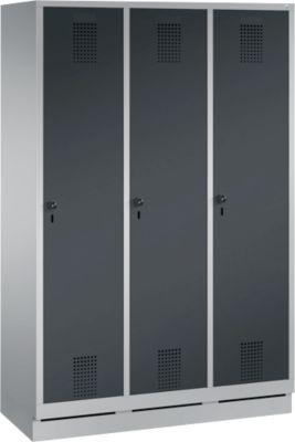 Vestiaire Evolo S 3000, acier, sur socle, 3 compartiments, l. 400 mm chacun, came batteuse, alu blanc RAL 9006/anthracite RAL 7016