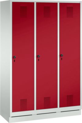 Vestiaire Evolo S 3000, acier, sur socle, 3 compartiments, l. 400 mm chacun, came batteuse, gris clair RAL 7035/rouge rubis RAL 3003