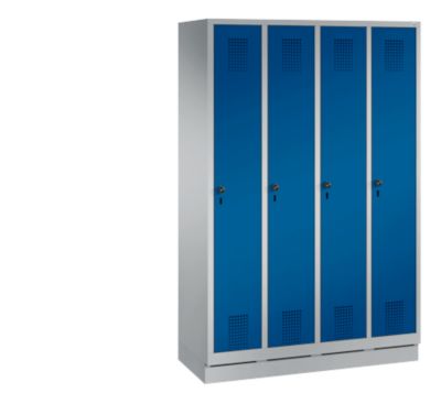 Vestiaire Evolo S 3000, acier, sur socle, 4 compartiments, l. 300 mm chacun, serrure de sécurité à came batteuse, alu blanc RAL 9006/bleu gentiane RAL 5010