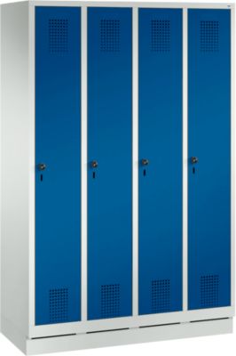 Vestiaire Evolo S 3000, acier, sur socle, 4 compartiments, l. 300 mm chacun, serrure de sécurité à came batteuse, gris clair RAL 7035/bleu gentiane RAL 5010