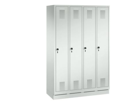 Vestiaire Evolo S 3000, acier, sur socle, 4 compartiments, l. 300 mm chacun, serrure de sécurité à came batteuse, gris clair RAL 7035/gris clair RAL 7035