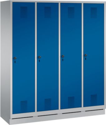 Vestiaire Evolo S 3000, acier, sur socle, 4 compartiments, l. 400 mm chacun, serrure de sécurité à came batteuse, alu blanc RAL 9006/bleu gentiane RAL 5010
