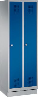 Vestiaire Evolo S 3000, avec socle, 2 compartiments, serrure à cylindre, gris métallique RAL 9006/bleu de Gentiane RAL 5010
