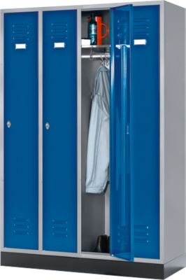 Vestiaire sur pieds, 4 compartiments, pieds, serrure à loquet rotatif, bleu/argent clair