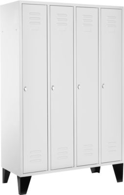 Vestiaire sur pieds, 4 compartiments, pieds, serrure à loquet rotatif, gris clair