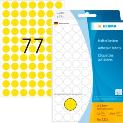 Vielzweck-Etiketten HERMA 2231, selbstklebende Markierungspunkte, Ø 13 mm, permanent haftend, 32 Blatt, Papier, matt, gelb