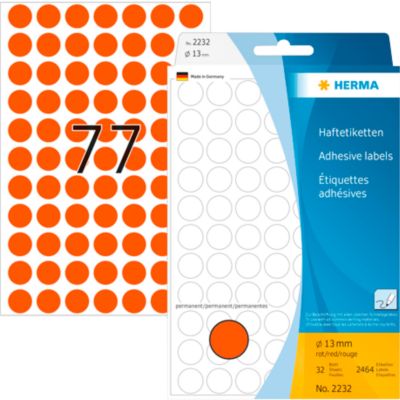 Vielzweck-Etiketten HERMA 2232, selbstklebende Markierungspunkte, Ø 13 mm, permanent haftend, 32 Blatt, Papier, matt, rot