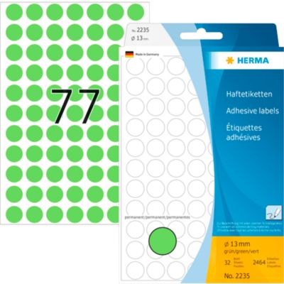 Vielzweck-Etiketten HERMA 2235, selbstklebende Markierungspunkte, Ø 13 mm, permanent haftend, 32 Blatt, Papier, matt, grün