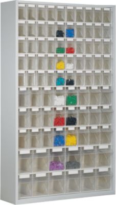 Vorratsschrank, Volumen 635 l, 86 herausnehmbare Lagerboxen mit Griffmulde, B 1270 x T 250 x H 2000 mm, l.grau/transparent