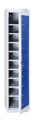 Wäscheschrank, abschließbar, mit 10 Fächern, Höhe 1800 mm, lichtgrau/enzianblau