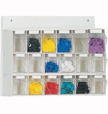 Wand Kleinteilemagazin MultiStore, 18 Klappkästen, Volumen 4,7 l, B 600 x T 108 x H 410 mm, Holzplatte & Polystyrol