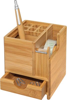 Wedo Tischorganizer Bambus Würfel, mit Klebefilmabroller, Stifteinsatz, Schublade