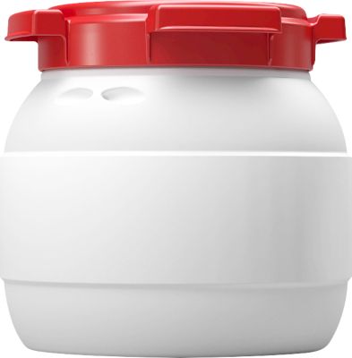 Weithalsfass, Volumen 3,6 l, mit Schraubdeckel/Griffmulde/breitem Etikettenfeld, wasserdicht, stapelbar, Ø 198 x H 175 mm, HDPE, naturfarben-rot