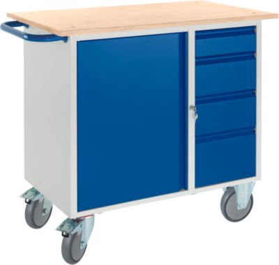 Werkbank mit Schrank, 4 Schubladen und 2 Lenkrollen/2 Bockrollen