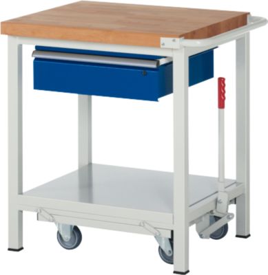 Werkbank Serie 8001, fahrbar, absenkbar, Schublade, B 750 x T 700 x H 880 mm