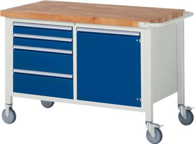 Werkbank Serie 8470, fahrbar, 4 Schubladen, 1 Tür, Breite 1250