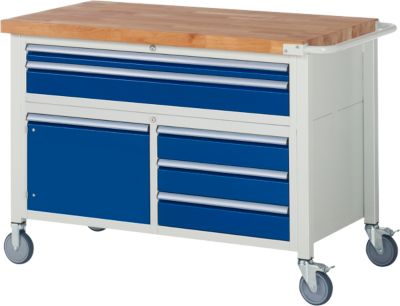 Werkbank Serie 8922, fahrbar, 5 Schubladen, 2 Fachböden mit Tür, B 1250 x T 700 x H 880 mm