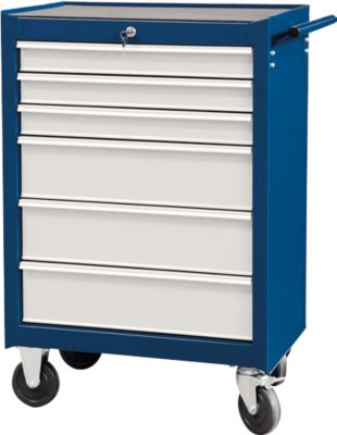 Werkstattwagen Projahn ECOBlue, 6 abschliessbare Schubfächer, bis 400 kg, mit Werkzeugbestückung, Stahl pulverbeschichtet