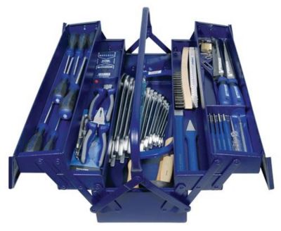 Werkzeugkasten, inkl. Werkzeugsortiment, 60-tlg., B 530 x T 200 x H 200 mm, Stahlblech, blau