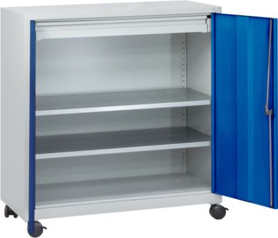 Werkzeugschrank, mit 4 Rollen, 2 Einlegeböden & 1 Schublade, Zylinderschloss, B 1000 x T 500 x H 1000 mm, Stahlblech, lichtgrau/enzianblau