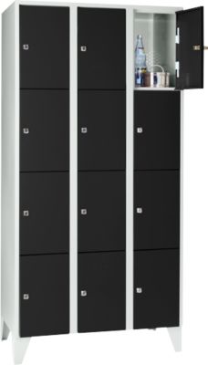 Wertfachschrank 300 mm, 3 Abteile, 12 Fächer, Sicherheitszylinderschloss, Fuß, tiefschwarz