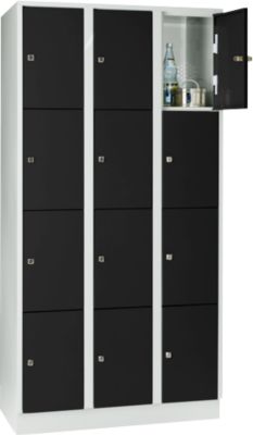 Wertfachschrank 300 mm, 3 Abteile, 12 Fächer, Sicherheitszylinderschloss, Sockel, tiefschwarz